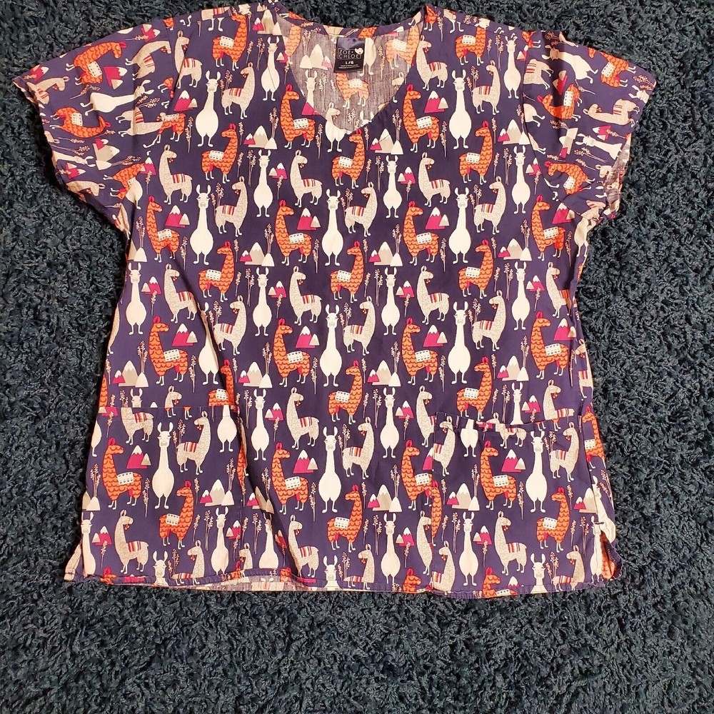 Zoe + Chloe Blue Llama Gray Orange White Scrub Top Women's L LARGE